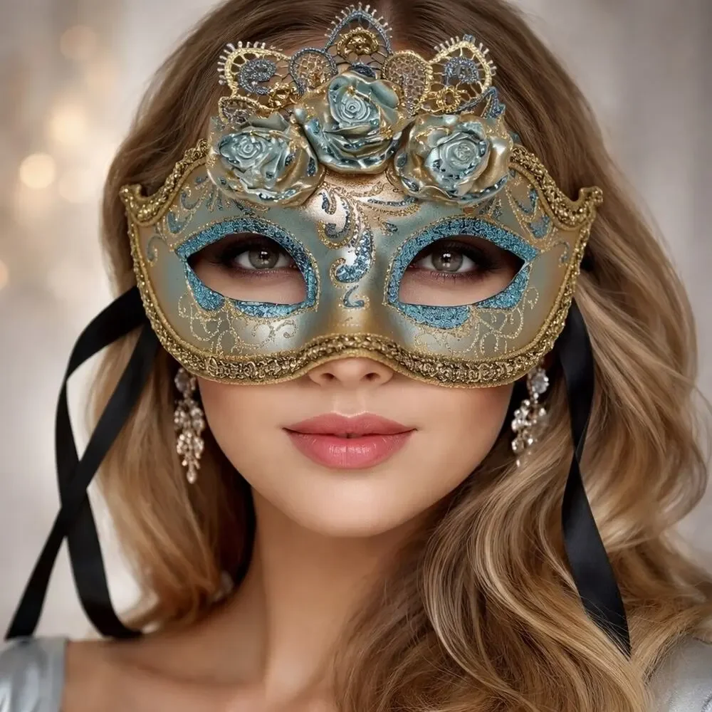 Masquerade Mask La Maschera del Galeone Venetian Blue Gold Hand Painted Italy